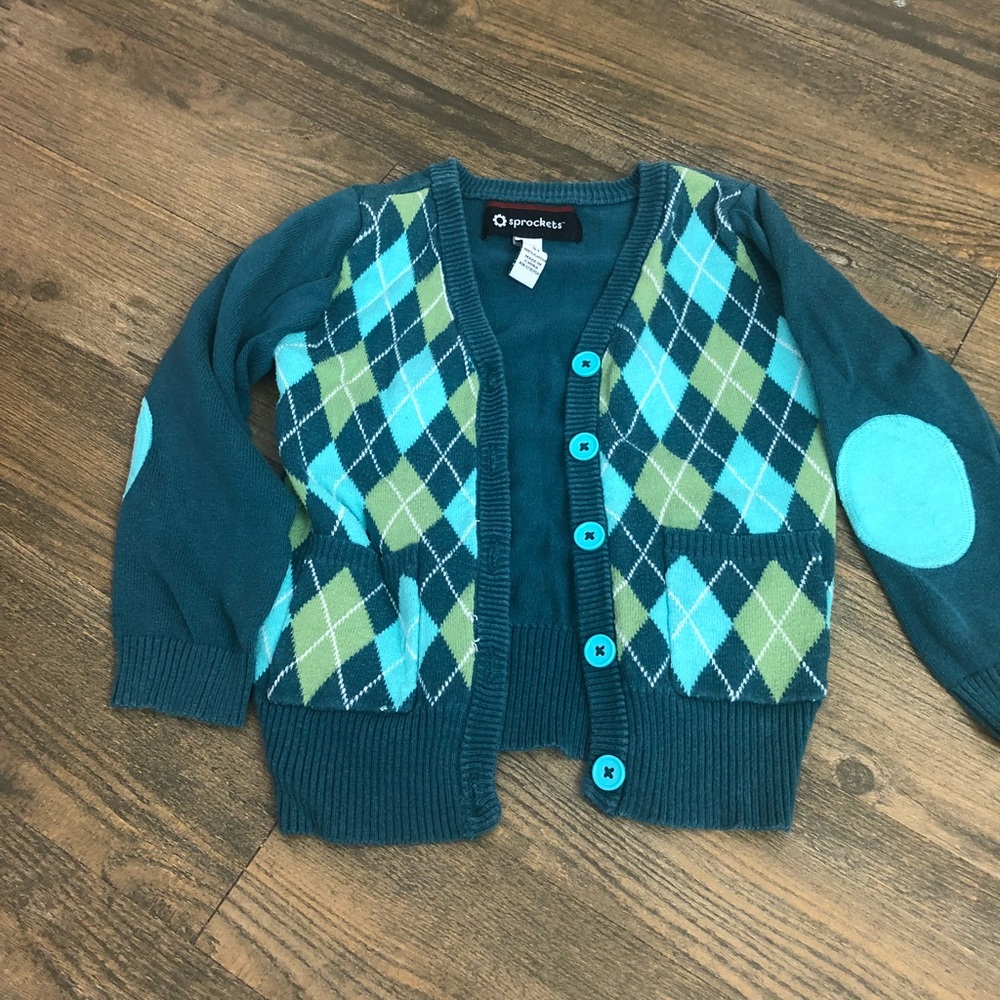 Green argyle cardigan
